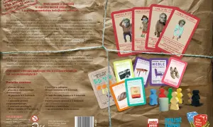 Kolejka gra: plansza, pionki, karty towarów i zakupów z PRL. Gracze kupują produkty, stojąc w kolejce.