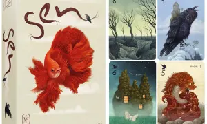 Gra karciana "Sen" z ilustracjami Marcina Minora. Na pudełku złota rybka, na kartach mroczne krajobrazy, ptaki i fantastyczne stworzenia.