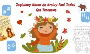 Ilustracja z uśmiechniętą dziewczynką w jesiennych liściach, śladami łap, dzikiem i straganem.