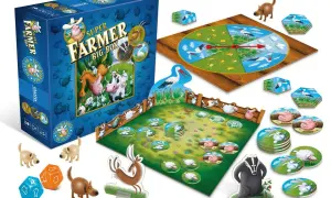 Pudełko gry Super Farmer Big Box, plansza z kołem losu, zagroda z żetonami zwierząt, kostki i figurki zwierząt.