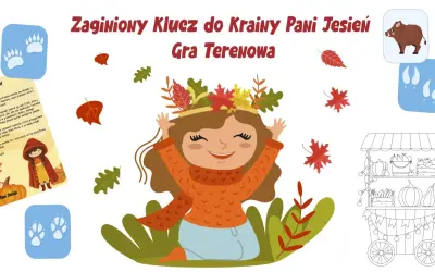 Ilustracja z uśmiechniętą dziewczynką w jesiennych liściach, śladami łap, dzikiem i straganem.