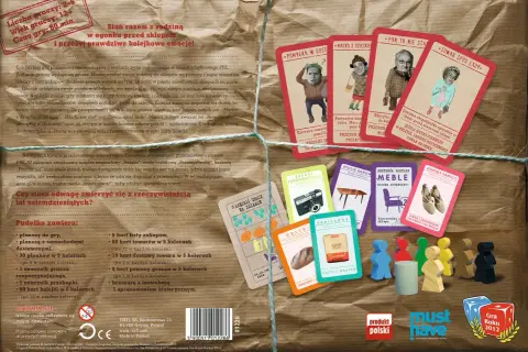 Kolejka gra: plansza, pionki, karty towarów i zakupów z PRL. Gracze kupują produkty, stojąc w kolejce.