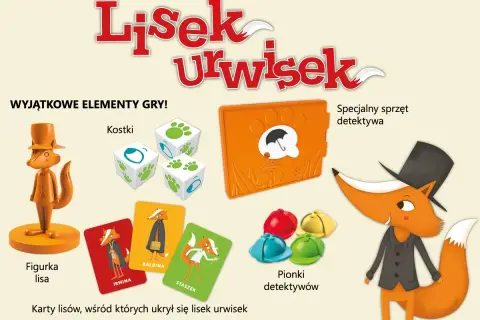 Figurka lisa, kostki, karty lisów, pionki detektywów i specjalny sprzęt detektywa.