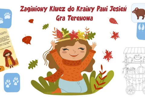 Ilustracja z uśmiechniętą dziewczynką w jesiennych liściach, śladami łap, dzikiem i straganem.
