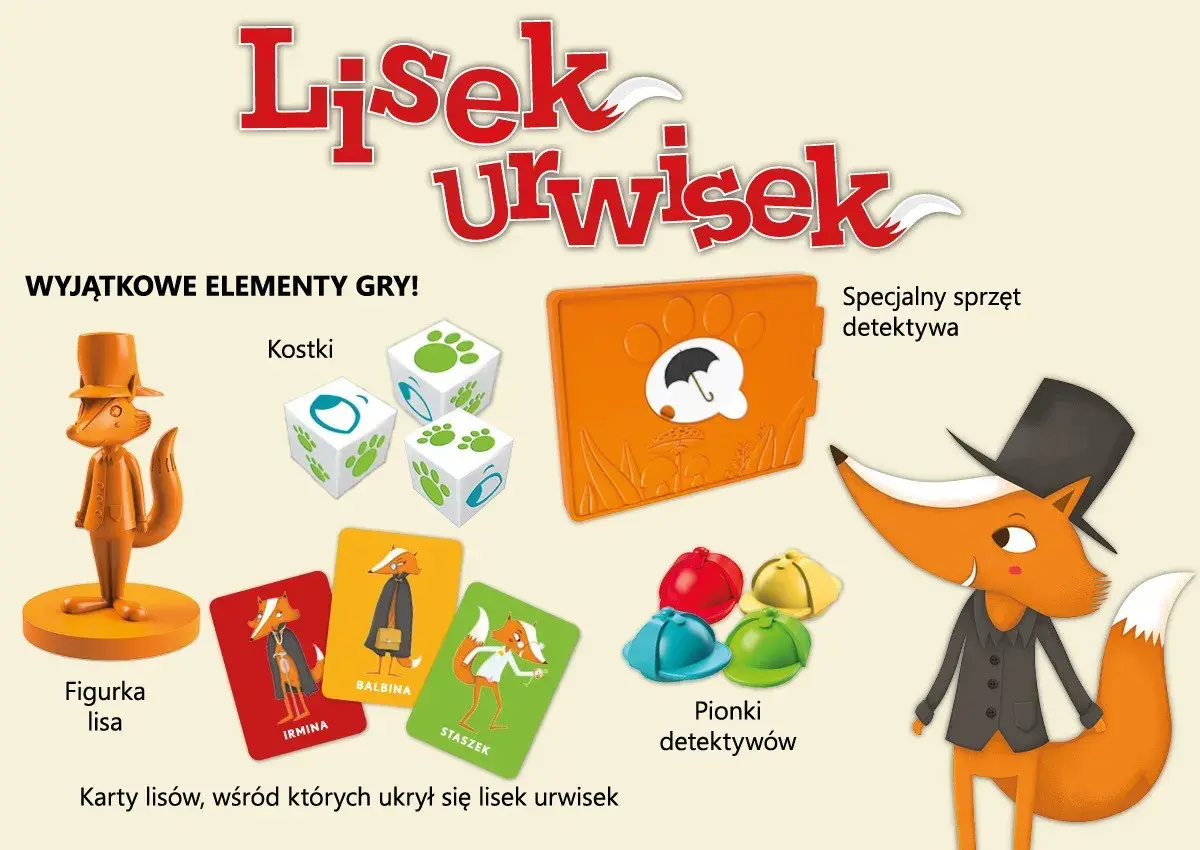 Figurka lisa, kostki, karty lisów, pionki detektywów i specjalny sprzęt detektywa.