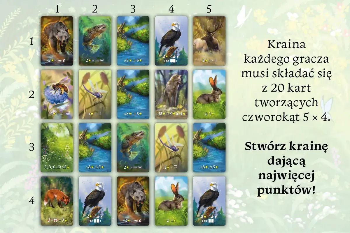 Karty do gry ekosystem: niedźwiedź, ryba, strumyk, orzeł, jeleń, pszczoła, ważka, wilk, królik, lis.