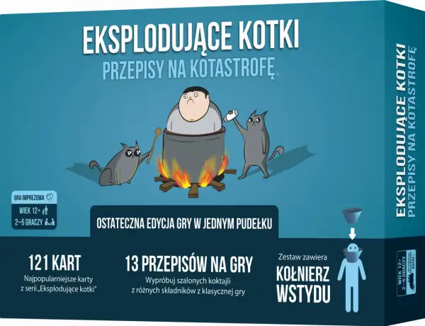 Eksplodujące kotki w kotle, jeden kotek dosypuje sól, drugi miesza. Gra karciana dla 2-5 graczy.