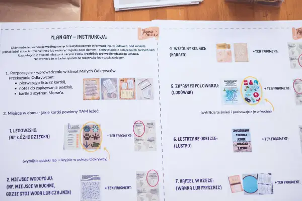 Instrukcja gry "Tajne Misje" z zadaniami i fragmentami do ukrycia.