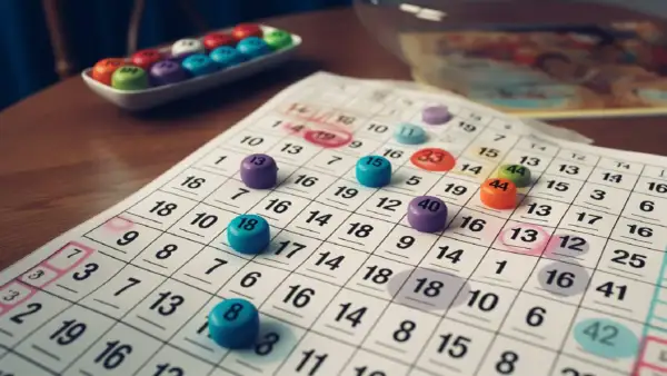 Kolorowe żetony bingo leżą na kartach do gry z zaznaczonymi liczbami.