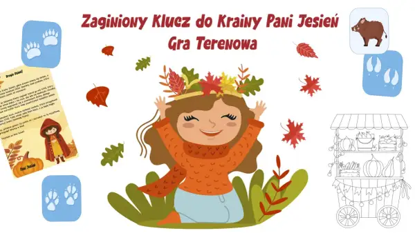 Ilustracja z uśmiechniętą dziewczynką w jesiennych liściach, śladami łap, dzikiem i straganem.